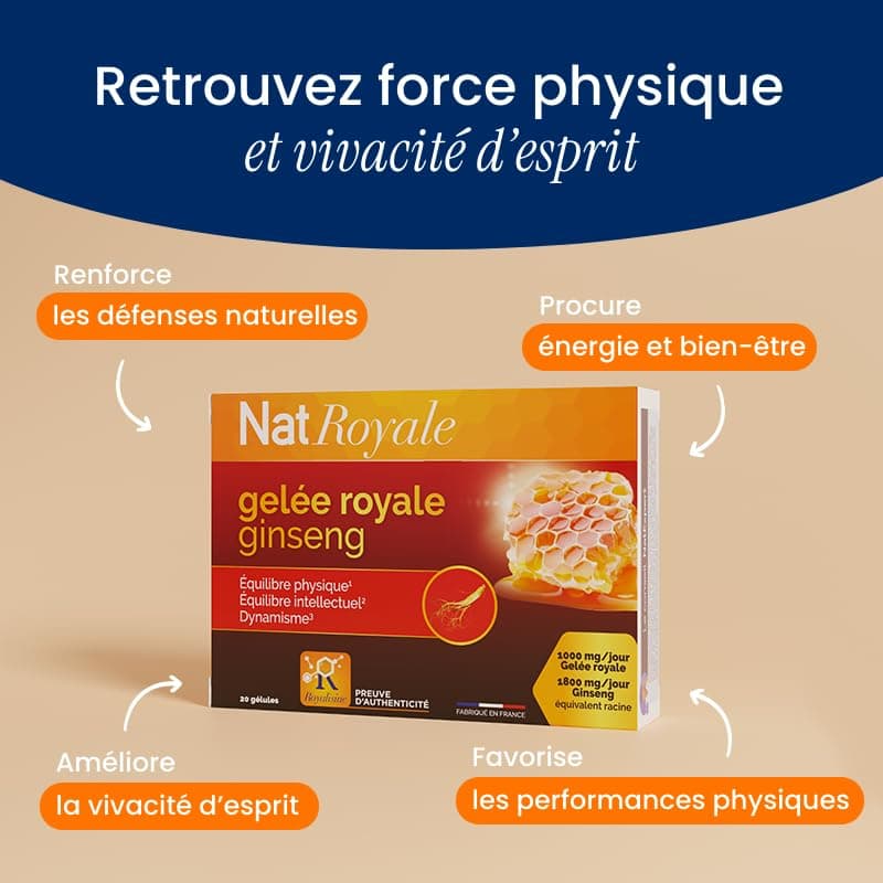 Gelée Royale Ginseng NaturAvignon 1000mg Gélules Adulte Vitalité Immunité 1800mg Ginseng Rouge Vitamines B3+6 20 Gélules