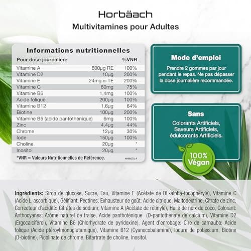 Horbaach Multivitamines Gummies Adulte 14 Vitamines Essentielles et Zinc - 60 Gummies Vegan - Multivitamines pour Adulte