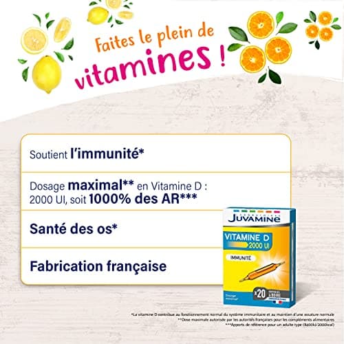 JUVAMINE - Vitamine D - Immunité - Pour Adults - à prendre quotidiennement - 2000 UI 50µg - 20 Comprimés - Lot de 1