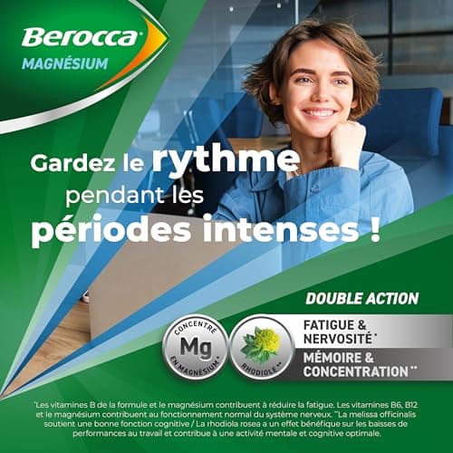 Berocca® Magnésium - Bicabonate et citrate de magnésium, vitamines B6, B12 - Fatigue et nervosité - Mémoire et concentra