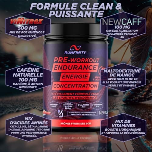 Runfinity Pre Workout - Booster d'Énergie pour Durée Longue : 4 Heures d'Efficacité - Performances Sportives Maximales -
