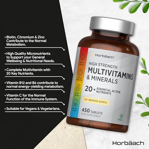 Multivitamines et Minéraux Horbaach pour Homme et Femme | 450 Comprimés | 20 Ingrédients Essentiels | Soutien Immunitair