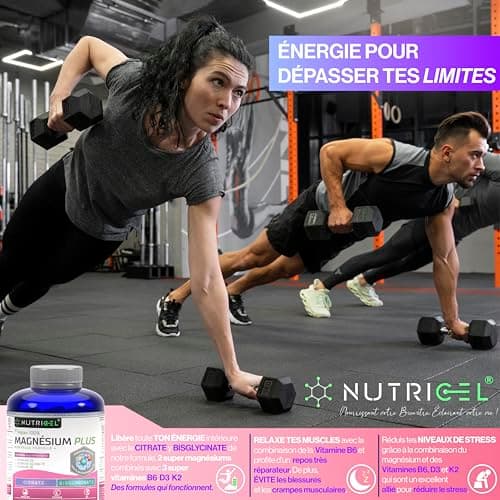 Magnésium Bisglycinate et Citrate 2177mg avec Vitamines B6, D3 et K2 - Haute Absorption - Combattre le Fatigue et le Str
