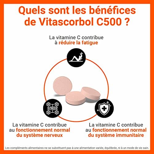 VITASCORBOL - Complément alimentaire vitamine C 500 mg - Fatigue et système immunitaire - 24 comprimés à croquer - Boost