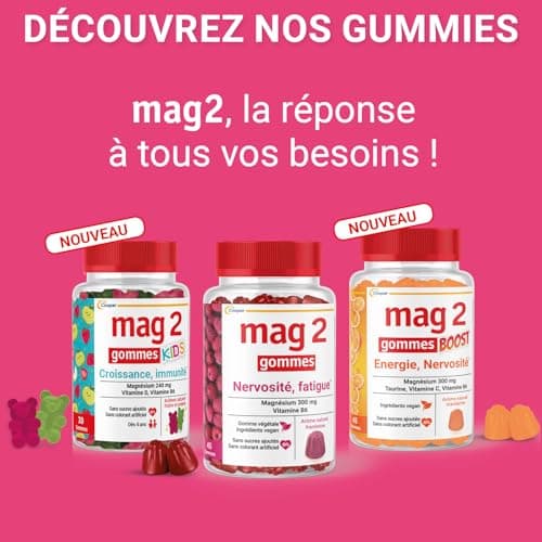 MAG 2 - Gommes framboise au magnésium et vitamine B6 - Anti-nervosité et anti-fatigue pour adultes - Sans sucres ajoutés