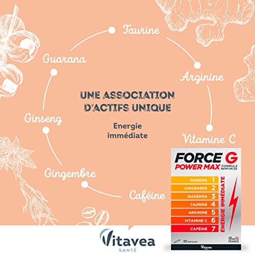 Vitavea Power Max Formule Renforcée 7 Actifs - Boost Energie Immédiate 10 Ampoules (Ginseng, Caféine, Guarana) - 10 Jour