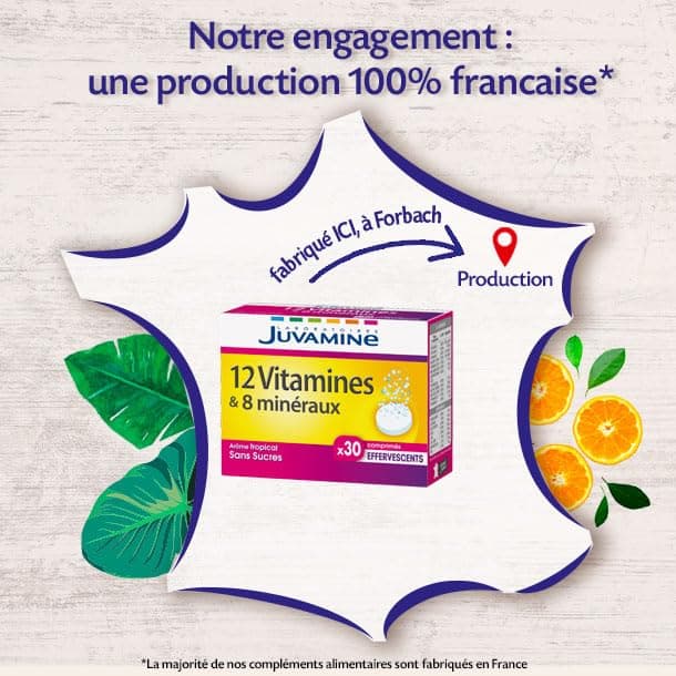 JUVAMINE 12 Vitamines & 9 Minéraux Anti-Fatigue & Anti-Stress, Programmes de 30 Jours, Comprimés Effervescents Arôme Tro