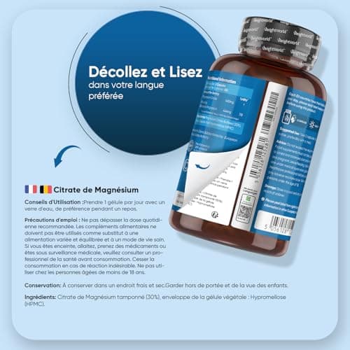 Citrate de Magnésium Vegan 240 Gélules - Pour Femmes et Hommes - 8 Mois d'ApprovisionnementMusclée - Sans Gluten - Sans
