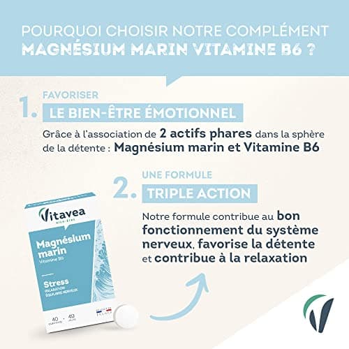 Vitavea Magnésium Marin Vitamine B6 Complément Alimentaire Anti Stress - Equilibre Nerveux - Relaxation - 40 Comprimés -