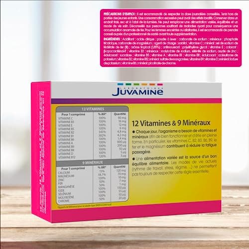 JUVAMINE 12 Vitamines & 9 Minéraux Anti-Fatigue & Anti-Stress, Programmes de 30 Jours, Comprimés Effervescents Arôme Tro