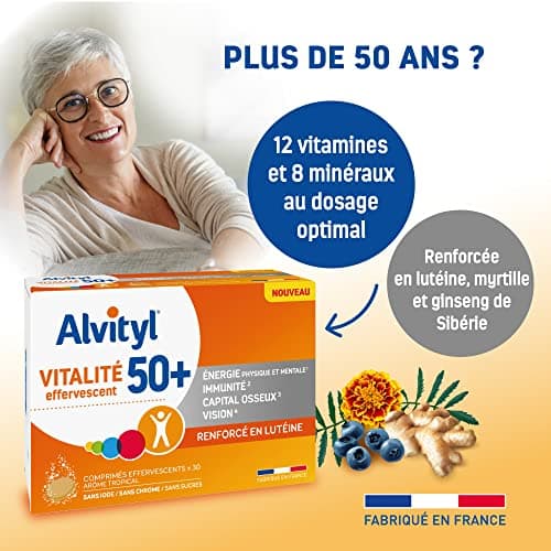 Alvityl - Comprimés effervescents Vitalité 50+ - 12 vitamines, 8 minéraux, 2 plantes et lutéine - Dès 50 ans - 30 compri