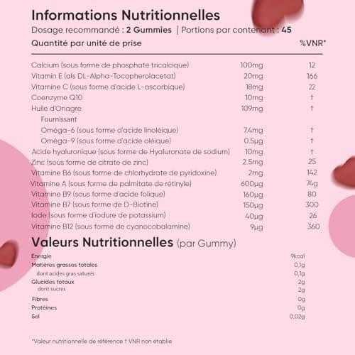 Multivitamines Femme Gummies Vegan 13 Vitamines Minéraux, Vitamine C E A B Zinc Iode Acide Hyaluronique Omega 6 9 90 Gum