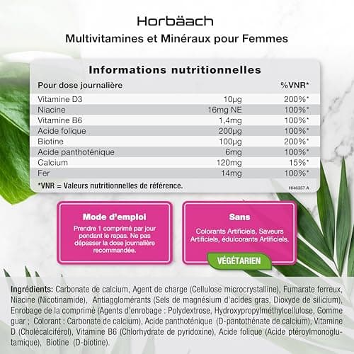 Multivitamines Femme 180 Comprimés Vegan par Horbaach pour Soutien du Système Immunitaire et Énergie
