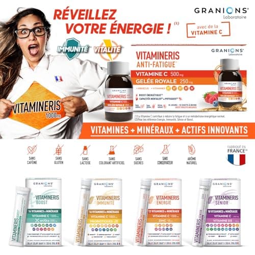 GRANIONS | Vitamineris Shot Anti Fatigue - Vitamine C + Gelee Royale + Hibiscus - 10 Shots - Goût Fruits Rouges - Forme