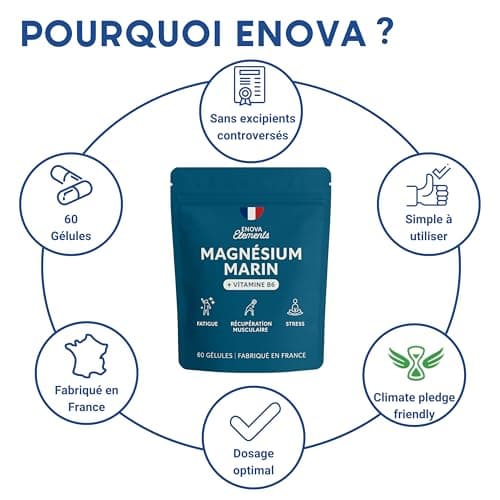 MAGNÉSIUM MARIN 300 mg + Vitamine B6 | Récupération musculaire, Stress, Fatigue | 60 gélules végétales | Complément alim