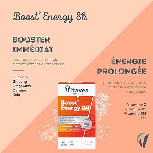 Vitavea - Booster Energie Immédiate et Prolongée 8H - 30 Comprimés Réduisent La Fatigue avec Guarana Ginseng Cafeine Vit