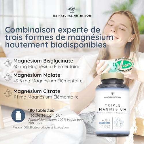 N2 Natural Nutrition Magnésium Trio (Bisglycinate, Citrate, Malate) 220 mg - Anti-Stress & Fatigue, Pour Digestion, Musc