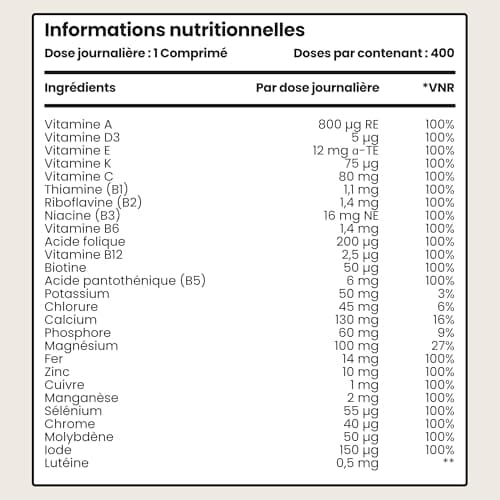 Multivitamines et Minéraux 400 Comprimés Femme/Homme, Complément Alimentaire Anti-Fatigue Immunité Adulte, Cure Vitamine