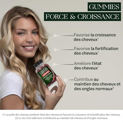 LUXÉOL 60 Gummies Cheveux & Ongles - Complément Alimentaire Sans Sucres Arôme Framboise Naturel - 1 Mois Fabrication Fra