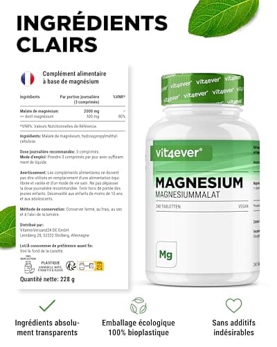 Malate de magnésium 2000 mg - 240 comprimés hautes doses et haute biodisponibilité - Vegan sans additif indésirable - Su