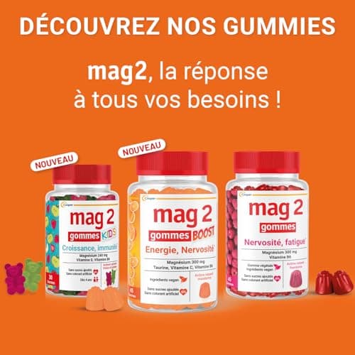 MAG 2 Gommes BOOST Magnésium, Taurine et Vitamine C - Gommes Anti-Stress et Anti-Fatigue - Sans Sucres Ajoutés - Arôme N