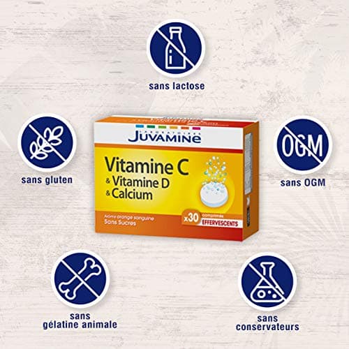 JUVAMINE - Vitamines C et D & Calcaire - Traitement Anti-Fatigue - Pour Une Vitalité Renforcée - 30 Comprimés Effervesce