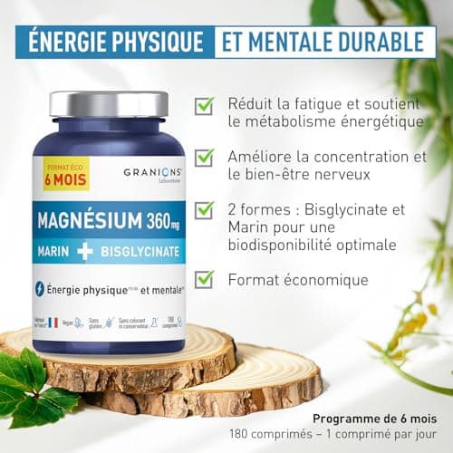 GRANIONS Magnésium Marin + Magnésium Bisglycinate | Bien-être anti-stress | 180 Comprimés | Format 6 mois