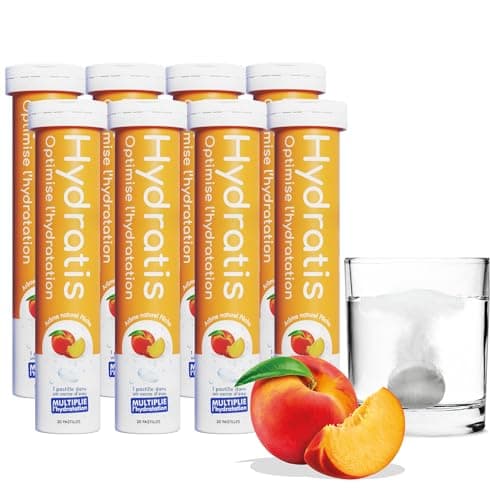 HYDRATIS Pastilles Effervescentes Pêche - Optimise l'Hydratation - Faible en Sucre - Goûts Légers - Sport, Récupération — 8 TUBES