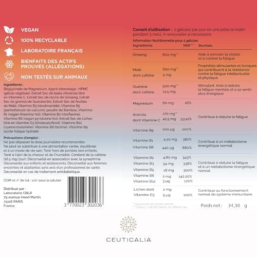 Complément alimentaire énergie et vitalité adultes - Boost d'énergie anti-fatigue - Contient ginseng, guarana, maté, acé