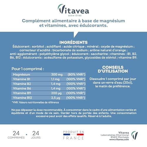 VITAVEA BIEN-ETRE - Magnésium - Vitamines B1. B| B6. B9. B12 - Réduction de la Fatigue - Détente et Relaxation - 24 Comp