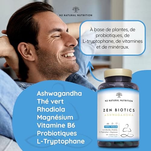 N2 Natural Nutrition Ashwagandha + Magnésium + L-Tryptophane - Formulecontre le Cortisol, le Stress et l'Anxiété - Favor