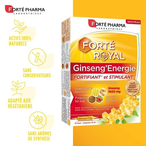 Ginseng Naturel pour Personnes Fatiguées - Complément Alimentaire Énergie Forte 20 Ampoules 20 Jours - Forté Pharma