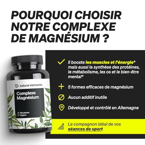 Magnésium Complexe 5 Composés Haute Qualité - 200mg Magnésium Élémentaire Journalièrement - Contrôlé en Laboratoire, Vég