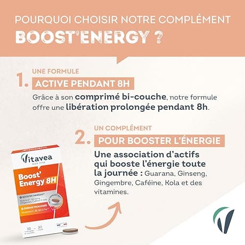Vitavea - Booster Energie Immédiate et Prolongée 8H - 30 Comprimés Réduisent La Fatigue avec Guarana Ginseng Cafeine Vit