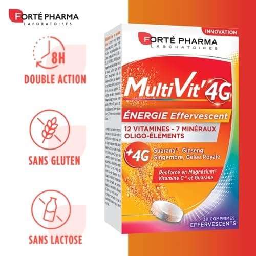 Forté Pharma Multivitamin Effervescent - Énergie Boost pour Adultes, Ginseng & Vitamine D - 30 Comprimés, Complément Ali