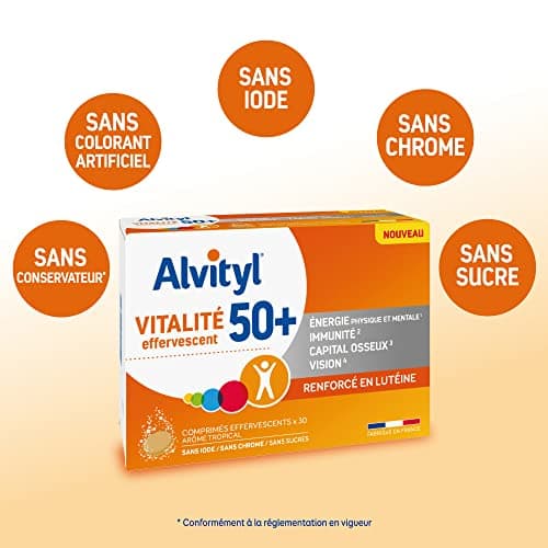Alvityl - Comprimés effervescents Vitalité 50+ - 12 vitamines, 8 minéraux, 2 plantes et lutéine - Dès 50 ans - 30 compri