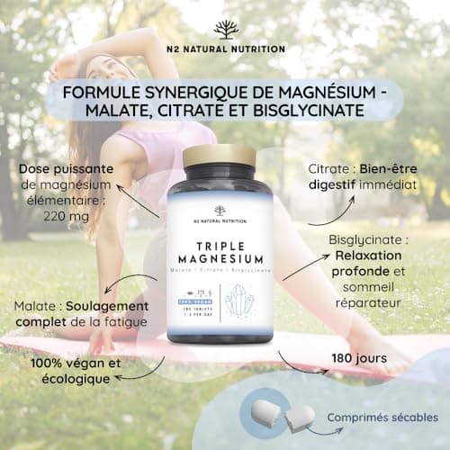 N2 Natural Nutrition Magnésium Trio (Bisglycinate, Citrate, Malate) 220 mg - Anti-Stress & Fatigue, Pour Digestion, Musc