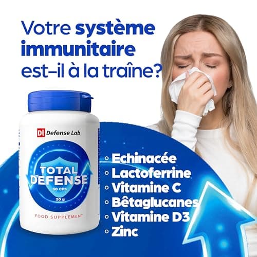 TOTAL DEFENSE Immunité Adulte Complément Alimentaire Defense Immunitaire avec Échinacée, Lactoferrine, Betaglucans, Zinc
