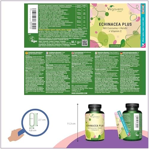 Vegavero® Complexe Échinacée Immunité | Vitamine C, Reishi, Curcuma & Zinc | Supplément Vegan Sans Additifs | 120 Gélule