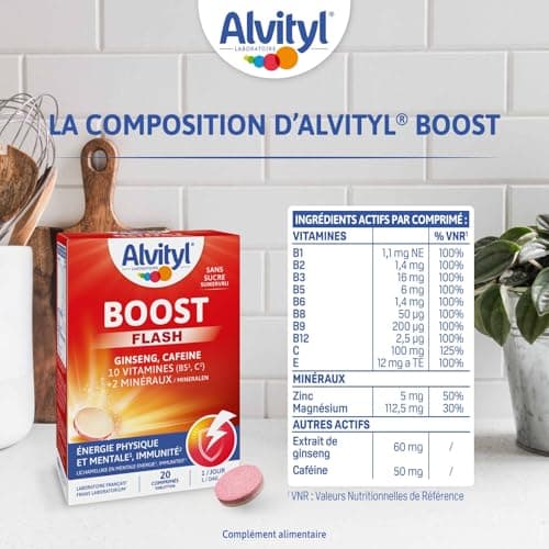 Alvityl Comprimés Boost Effervescents Ginseng et Caféine - 10 Vitamines - 2 Minéraux - 15 Ans + - 20 Jours - Rouge - 20