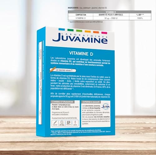 JUVAMINE - Vitamine D - Immunité - Pour Adults - à prendre quotidiennement - 2000 UI 50µg - 20 Comprimés - Lot de 1
