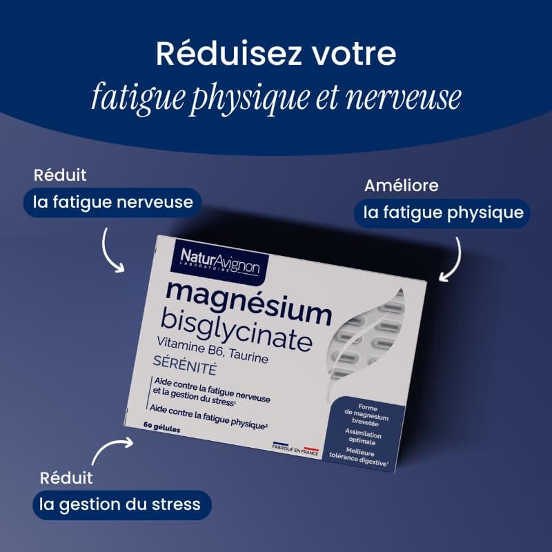 Vitamine Magnésium Bisglycinate NaturAvignon - Épuisement Intense Anti-Stress Anxiété - Vitamine B6 Taurine Haute Absorp