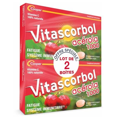 VITASCORBOL Complément Alimentaire Vitamine C Acérola 100% Naturelle Fatigue Immunité Programme 30 Jours 30 Comprimes Lo