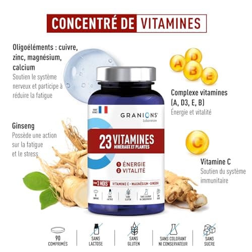 Multivitamines GRANIONS 23 VITAMINES - Magnésium, Vitamine D, Vitamine C - Énergie & Vitalité - Anti Fatigue - 90 Compri