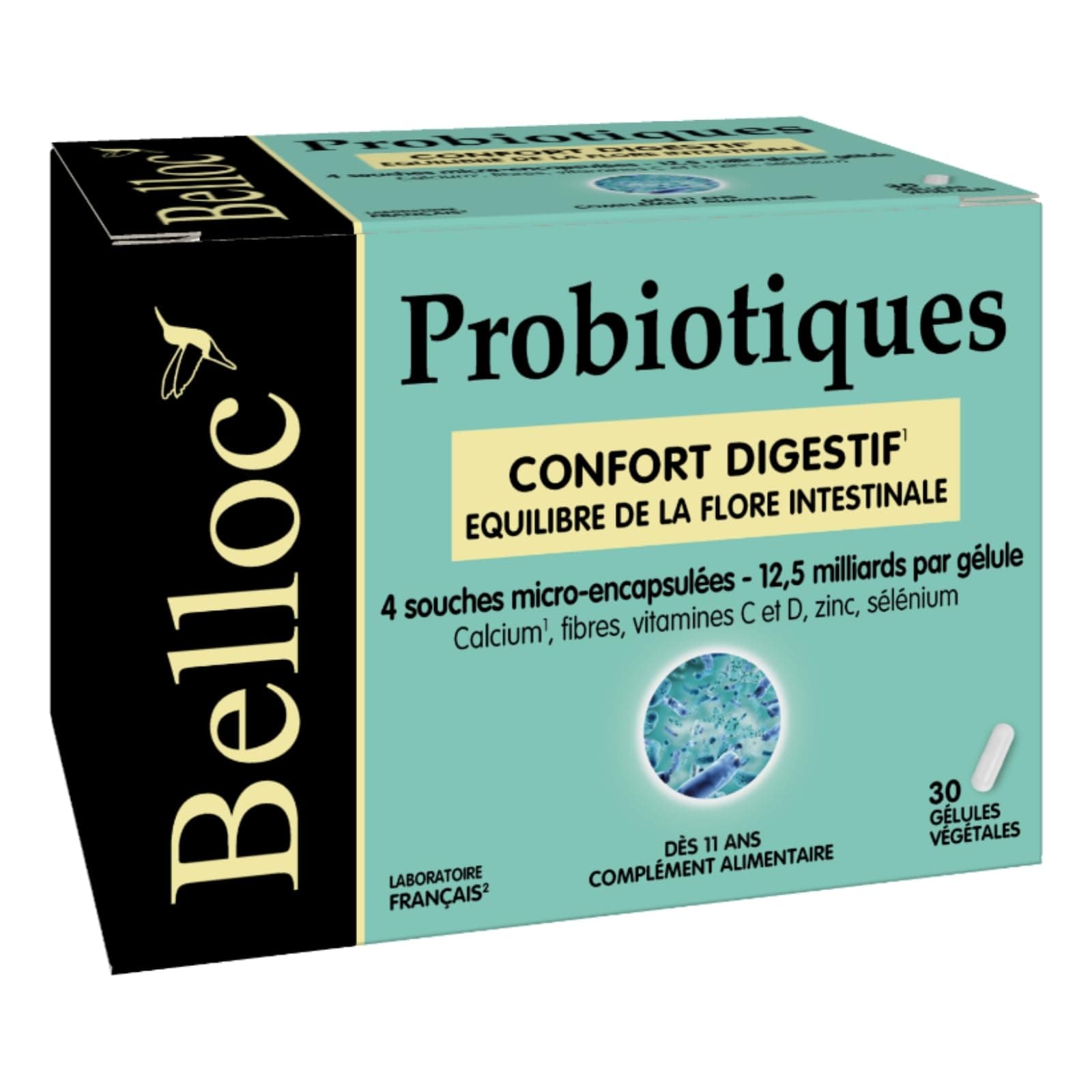 Belloc Probiotiques - Confort digestif – Equilibre de la Flore Intestinale - 4 Souches Microbiotiques - Dès 11 ans