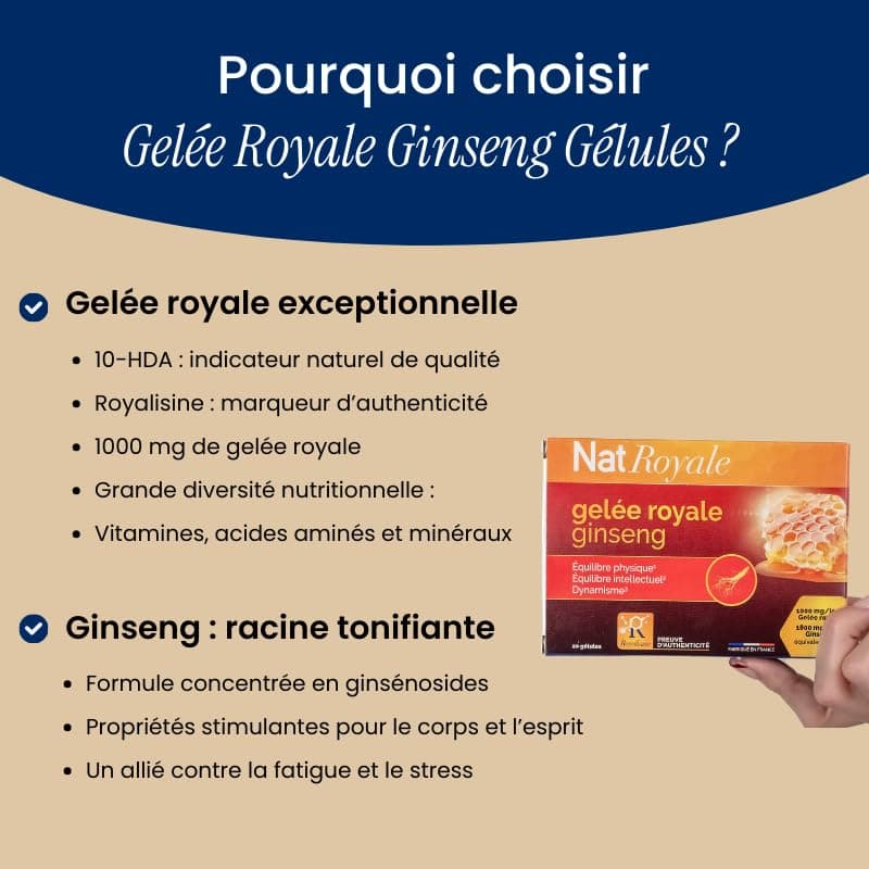 Gelée Royale Ginseng NaturAvignon 1000mg Gélules Adulte Vitalité Immunité 1800mg Ginseng Rouge Vitamines B3+6 20 Gélules