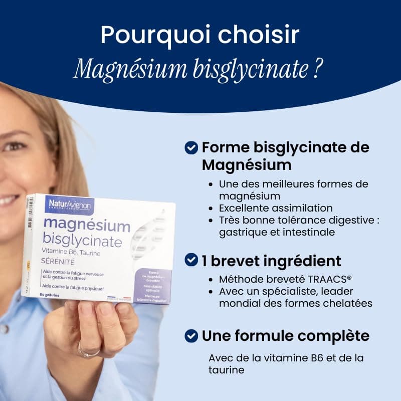 Vitamine Magnésium Bisglycinate NaturAvignon - Épuisement Intense Anti-Stress Anxiété - Vitamine B6 Taurine Haute Absorp