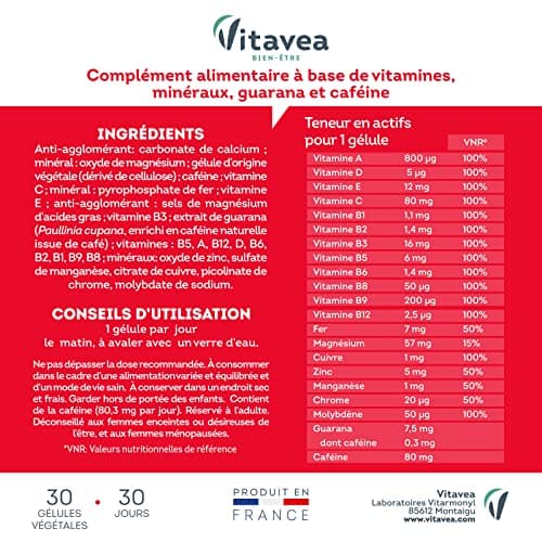 Vitavea Multi'Vit BOOST - Complément Alimentaire Energie - Contient Caféine, Guarana, Vitamine C et D, Magnésium, Zinc -