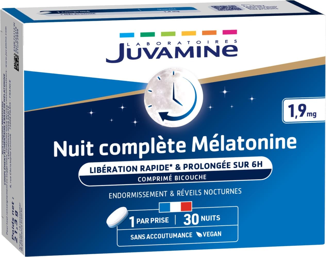 JUVAMINE Nuit Complète Mélatonine 1,9 mg Endormissement Réveils Nocturnes Programme 1 Mois 30 Comprimés Bicouche Fabrica