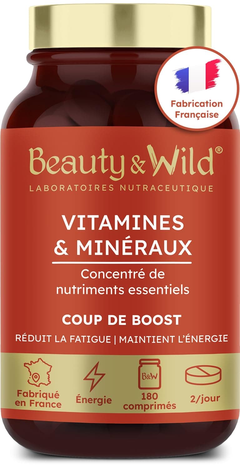 Multivitamines et Minéraux Anti-fatigue Énergie Vitalité Cheveux Ongles Made in France 180 Comprimés Beauty & WILD